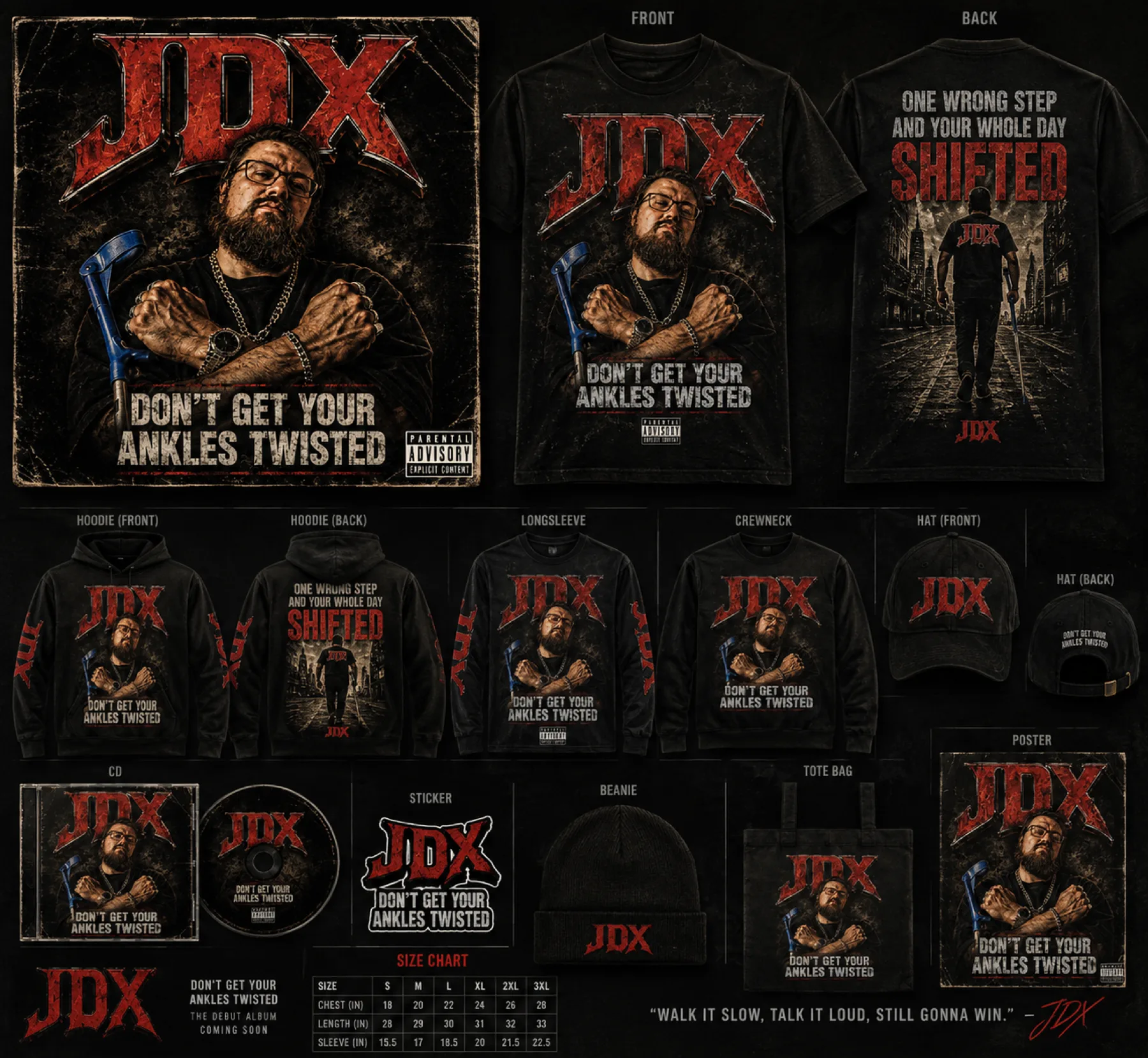 The full JDX merch line: hoodie, longsleeve, crewneck, hat, beanie, tote, poster and CD