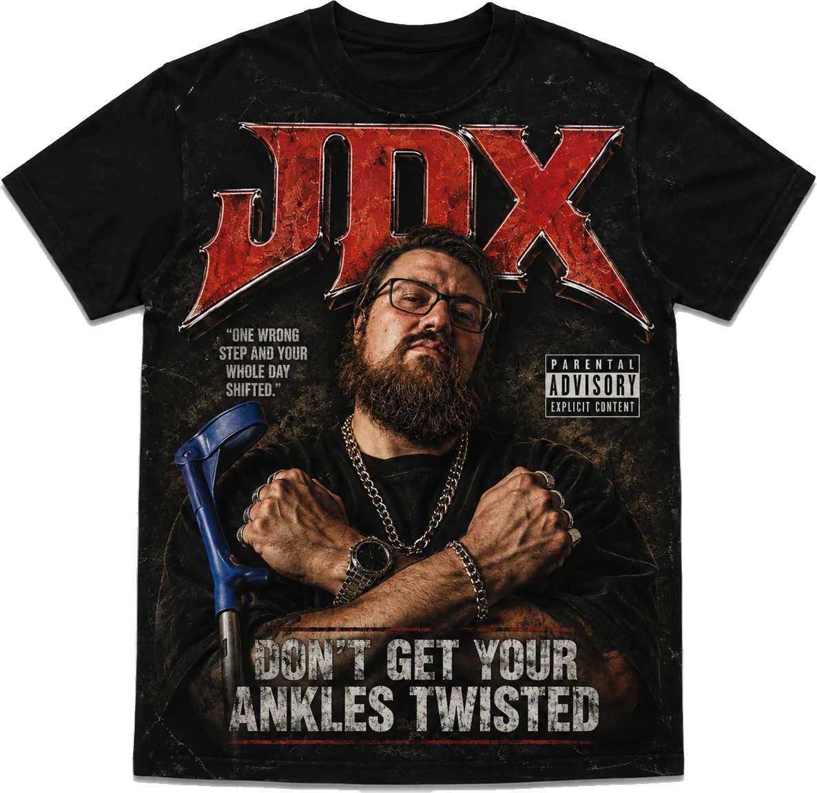 JDX all-over-print black tee with the album artwork
